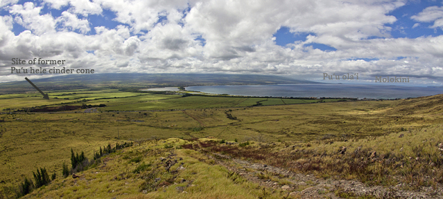 Site of former Pu‘u hele cinder pit with Molokini and Pu‘u ola‘i in the distance
